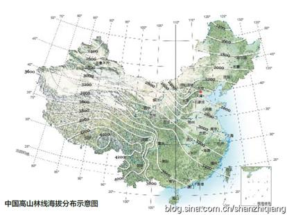 资料推断制作的地图,从中我们可以大致了解到中国高山林线海拔高度
