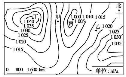4,填空题  读"北半球某地区等压线图",回答下列问题.(10分)