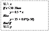 ı: x
If x50 Then
y = 0.5 * x
Else 
	y = 25 + 0.6*(x-50)
End If
y
